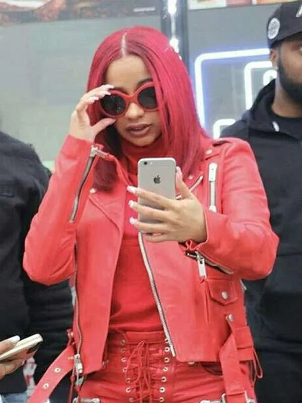 Hollywood Jackets Red Barz 2017 Cardi B Biker Red Leather Jacket