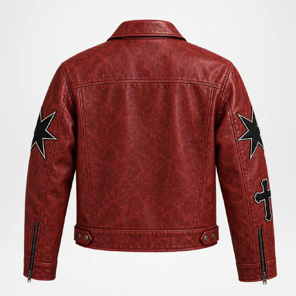 Red Leather Halloween Jacket – Graphic Star & Flame Design
