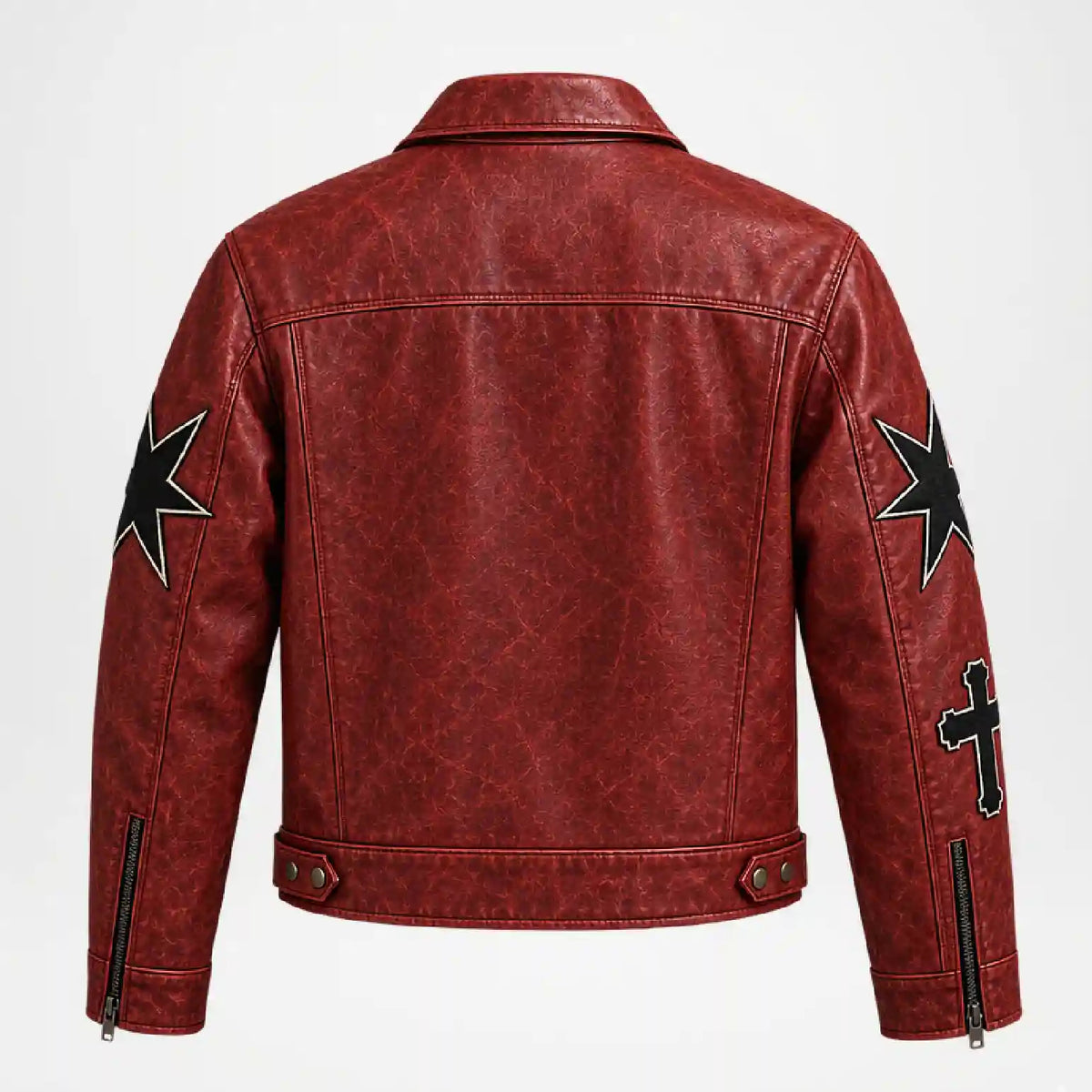 Red Leather Halloween Jacket – Graphic Star & Flame Design