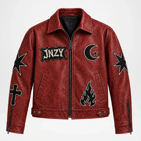 Red Leather Halloween Jacket – Graphic Star & Flame Design