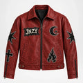 Red Leather Halloween Jacket – Graphic Star & Flame Design