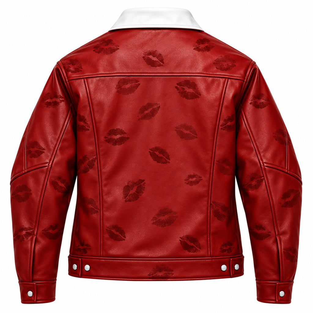 Hollywood Jackets Men’s Red Lip Print Leather Shirt Jacket