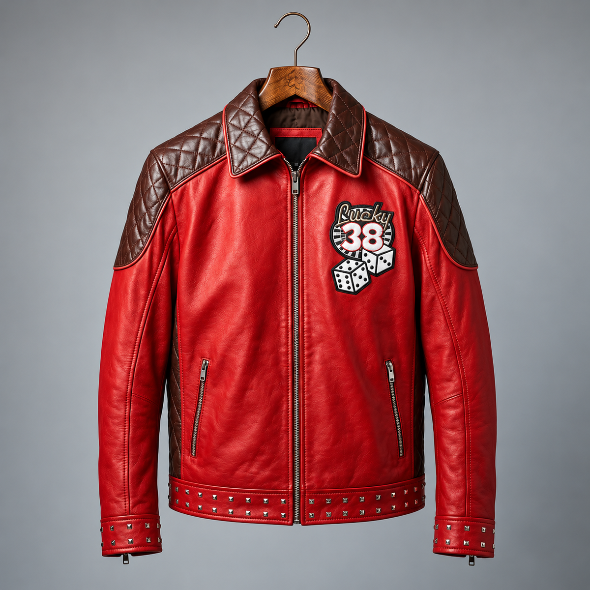 Men’s Red Lucky 38 Leather Biker Jacket | Hollywood Jackets