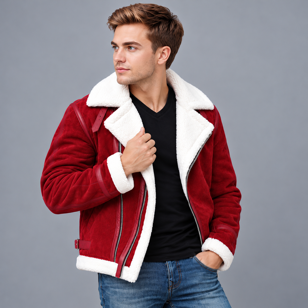 Men’s Red Christmas Shearling Jacket | Hollywood Jackets