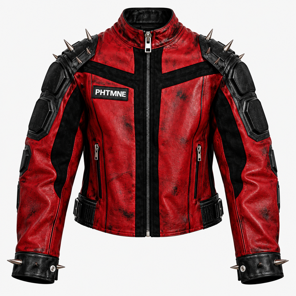 Hollywood Jackets Men’s Red and Black Spiked Punk Leather Motorcycle Jacket