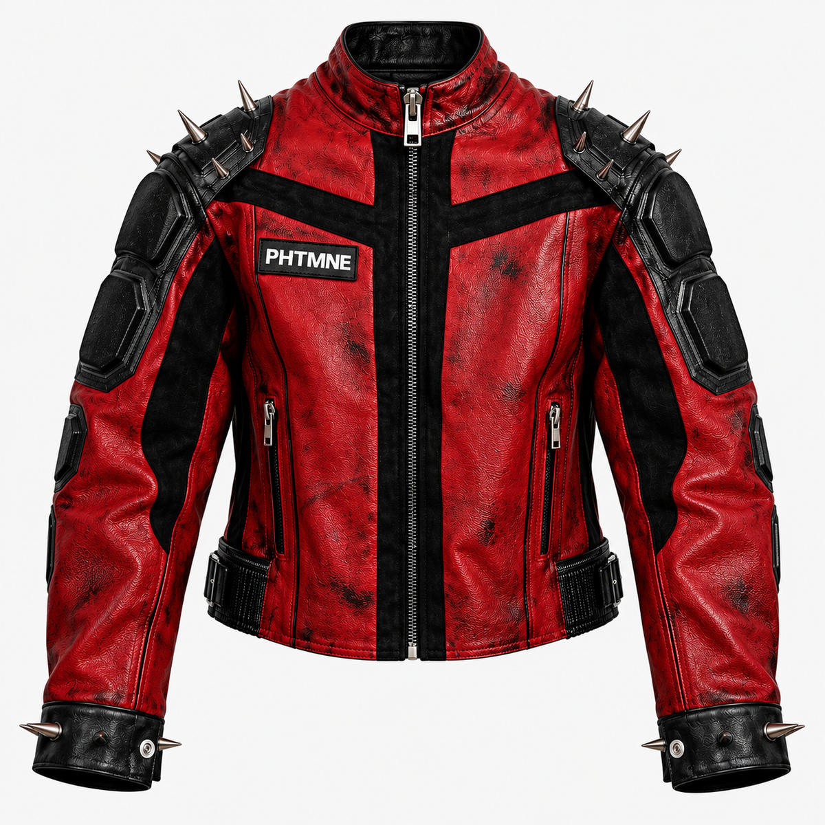 Hollywood Jackets Men’s Red and Black Spiked Punk Leather Motorcycle Jacket