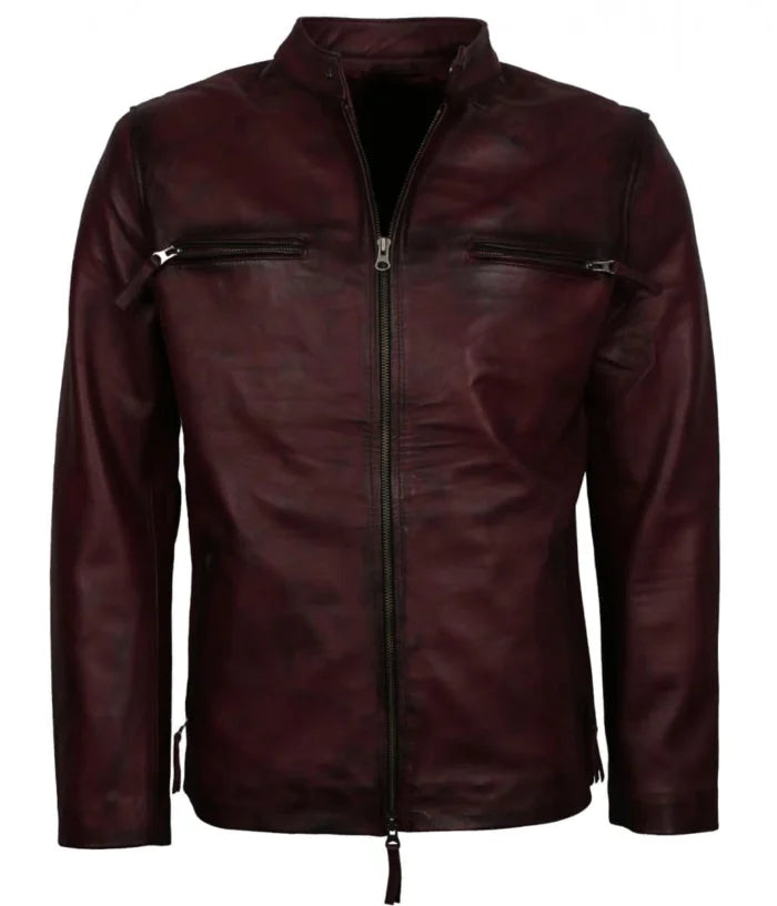 Men’s Retro Maroon Genuine Leather Biker Jacket