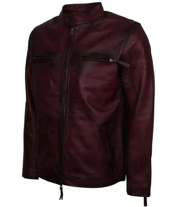 Men’s Retro Maroon Genuine Leather Biker Jacket