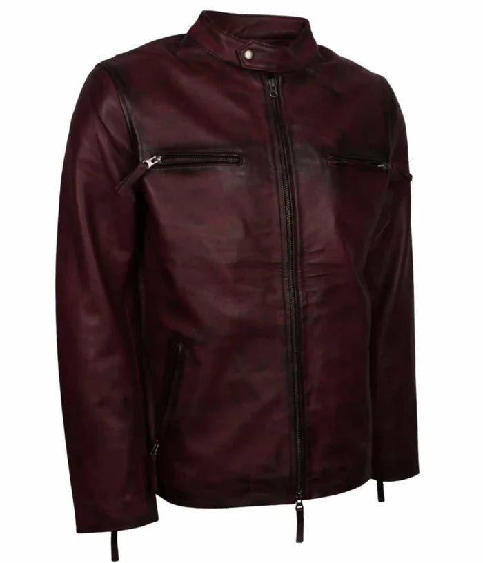 Men’s Retro Maroon Genuine Leather Biker Jacket