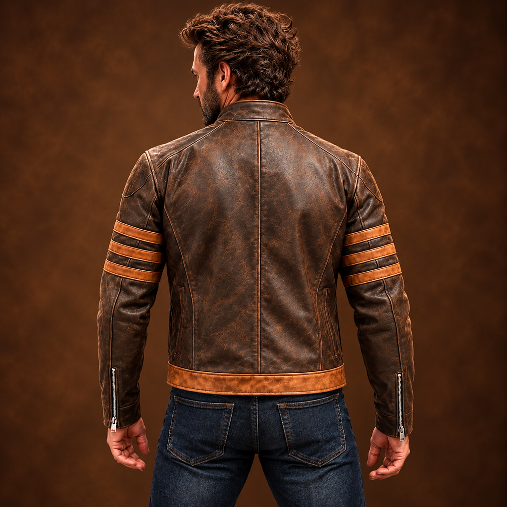 Men’s Vintage Brown Leather Motorcycle Jacket with Tan Stripe Accents