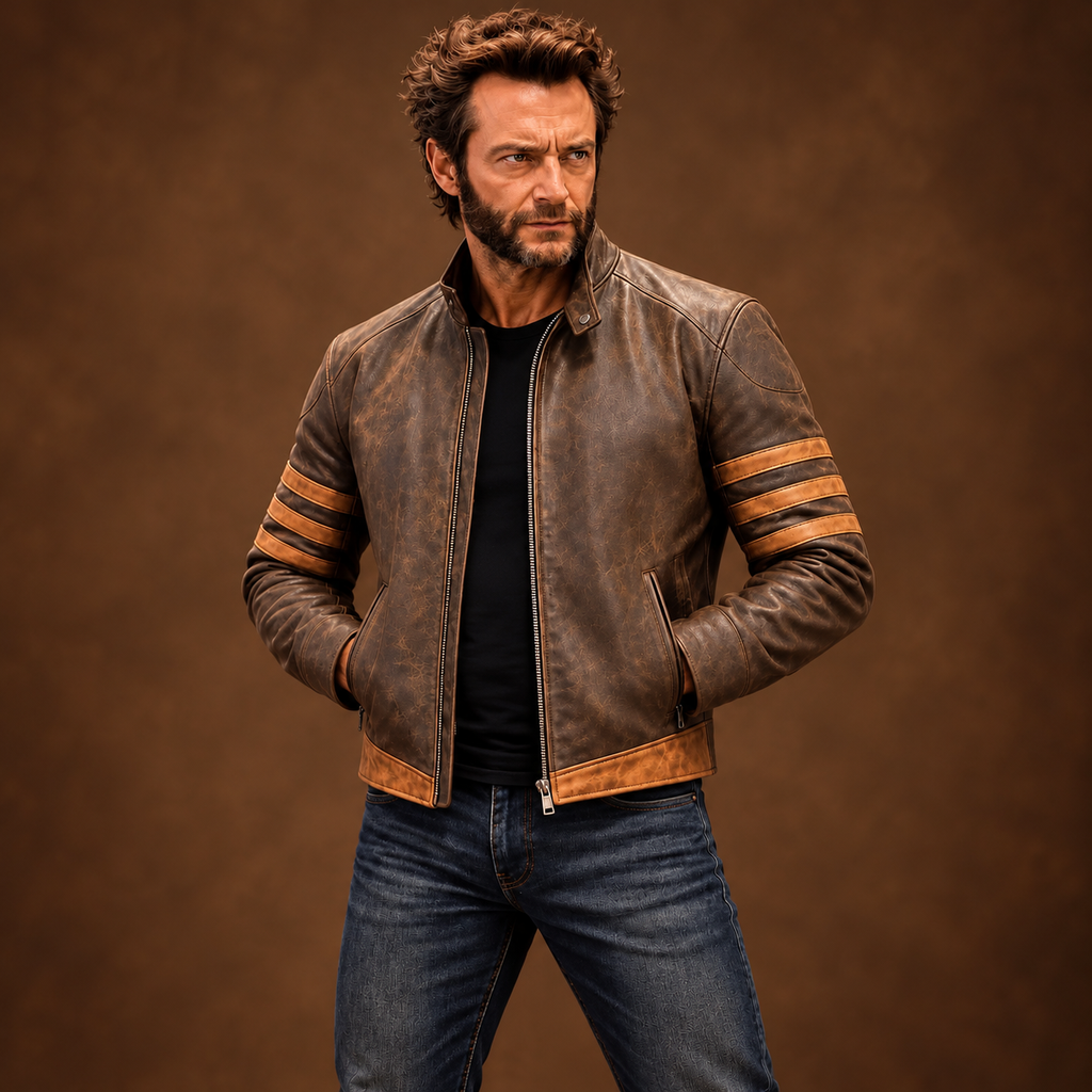 Men’s Vintage Brown Leather Motorcycle Jacket with Tan Stripe Accents