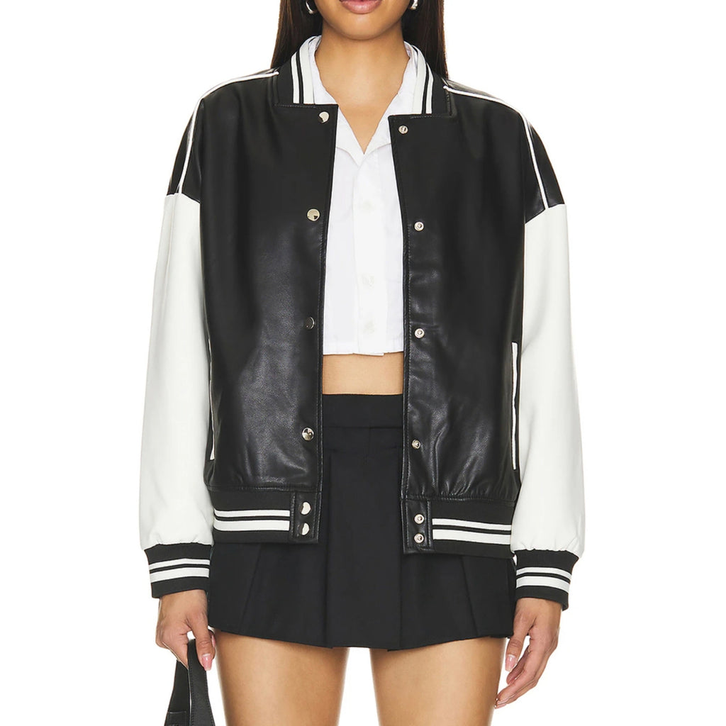 Hollywood Jackets Women’s Black & White Varsity Bomber Leather Jacket