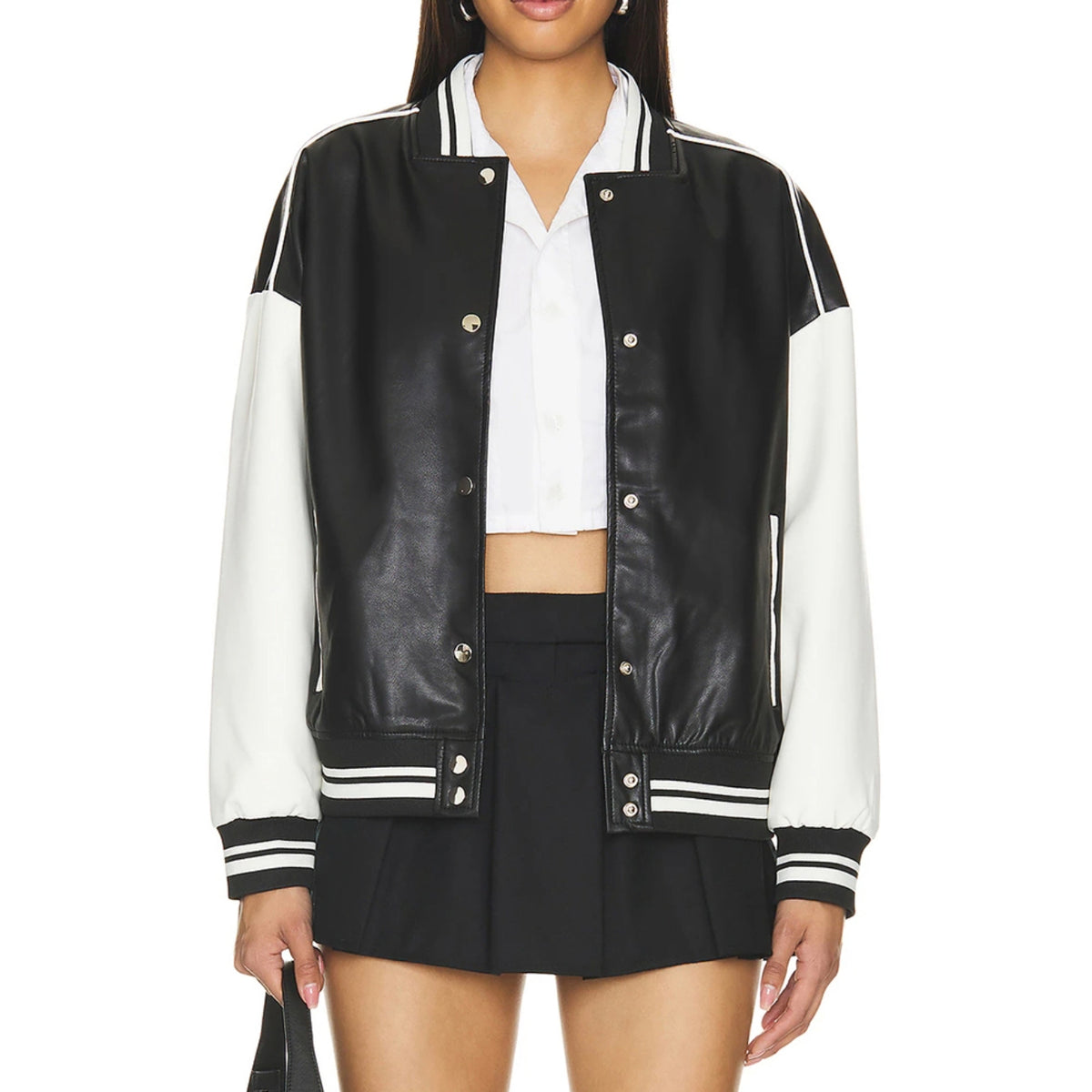 Hollywood Jackets Women’s Black & White Varsity Bomber Leather Jacket