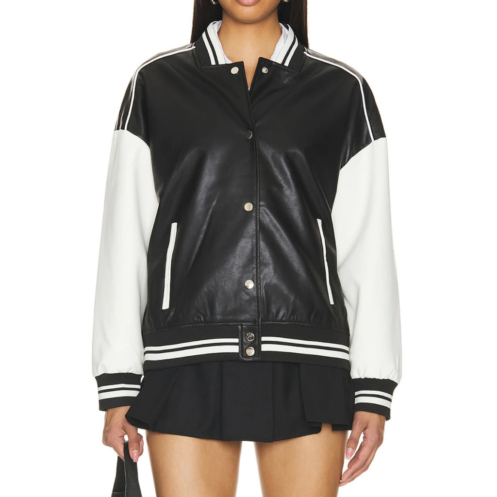 Hollywood Jackets Women’s Black & White Varsity Bomber Leather Jacket