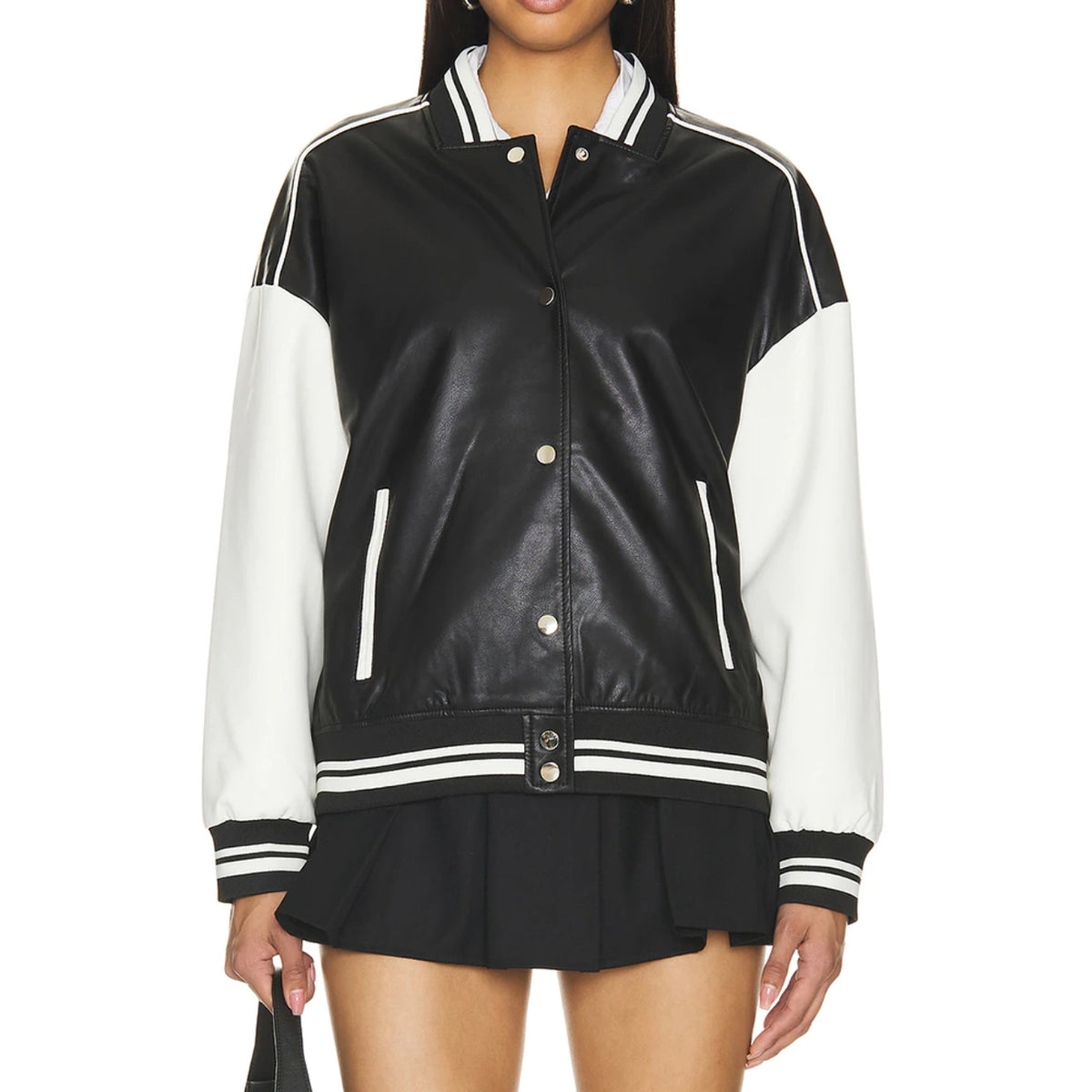 Hollywood Jackets Women’s Black & White Varsity Bomber Leather Jacket