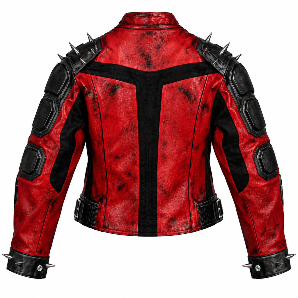Hollywood Jackets Men’s Red and Black Spiked Punk Leather Motorcycle Jacket