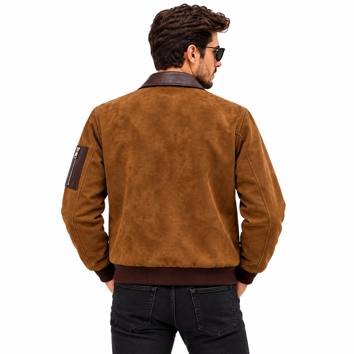 Men's Brown Genuine Suede Bomber Jacket - photo 2