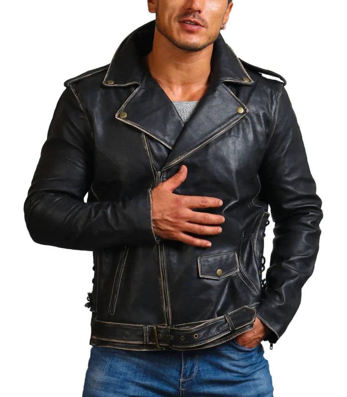 Men’s Vintage Brando Style Distressed Black Leather Jacket