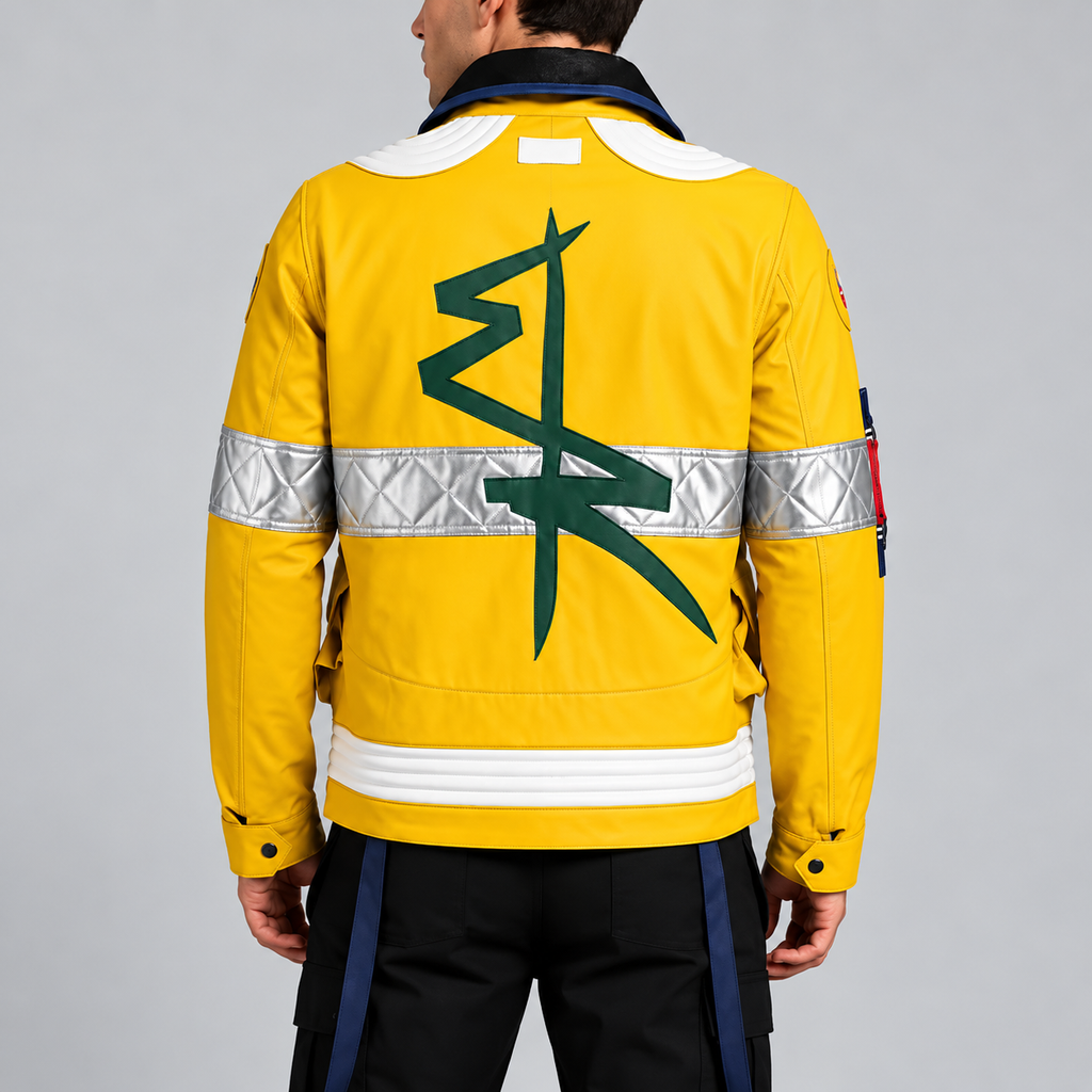 Men’s Yellow Futuristic Rescue Jacket – Reflective Silver Panels & Green Back Graphic | Hollywood Jackets