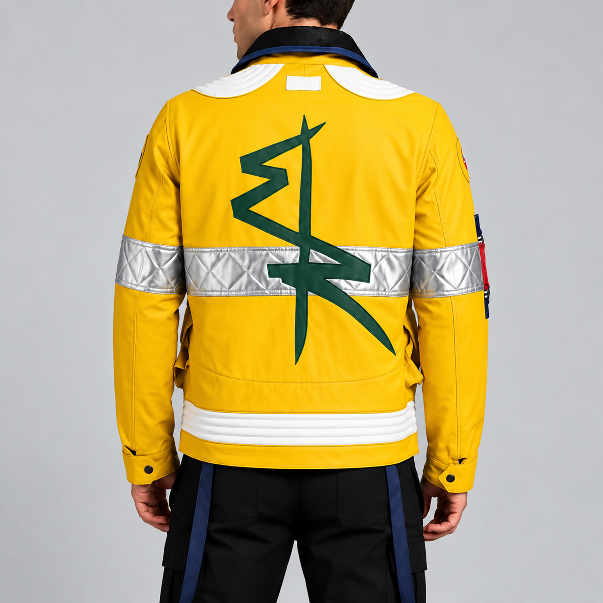 Men’s Yellow Futuristic Rescue Jacket – Reflective Silver Panels & Green Back Graphic | Hollywood Jackets