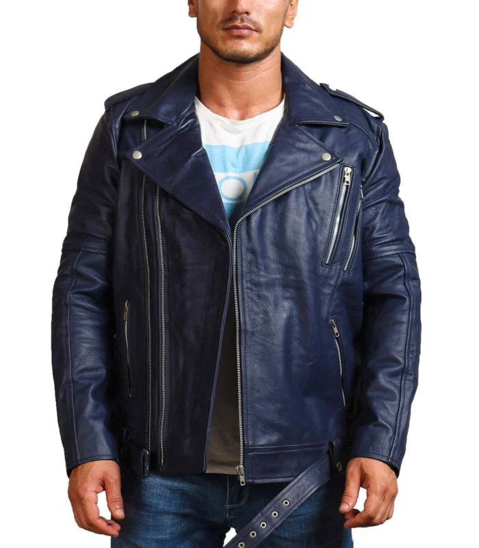 Double Zipper Brando Blue Motorcycle Leather Jacket