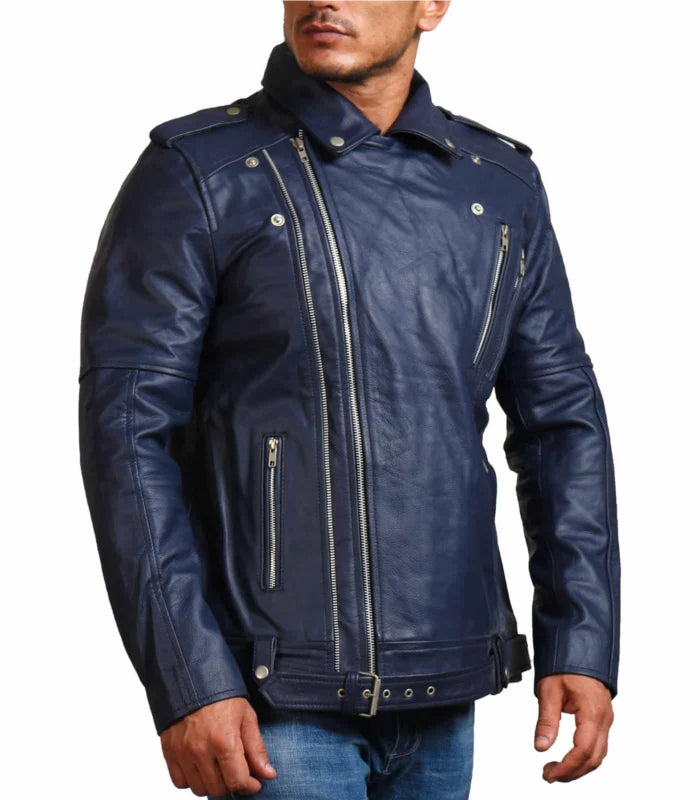 Double Zipper Brando Blue Motorcycle Leather Jacket