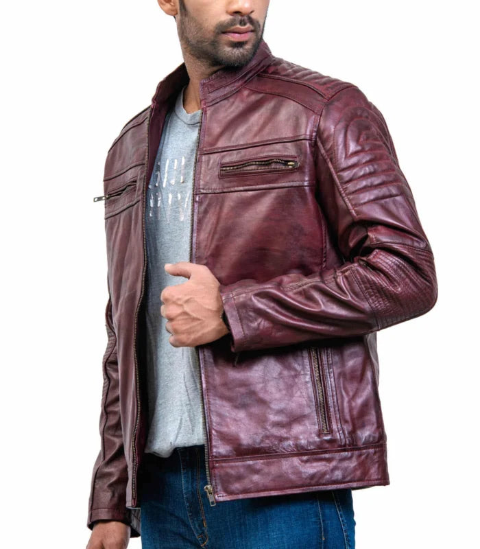 Men’s Vintage Style Maroon Waxed Leather Racer Jacket