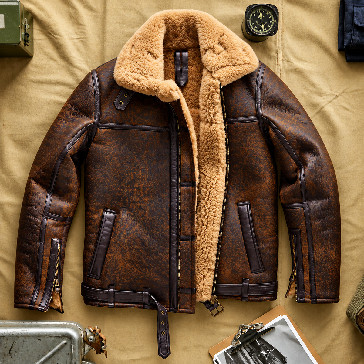 Men’s Distressed Brown Leather Shearling Aviator Jacket | Hollywood Jackets