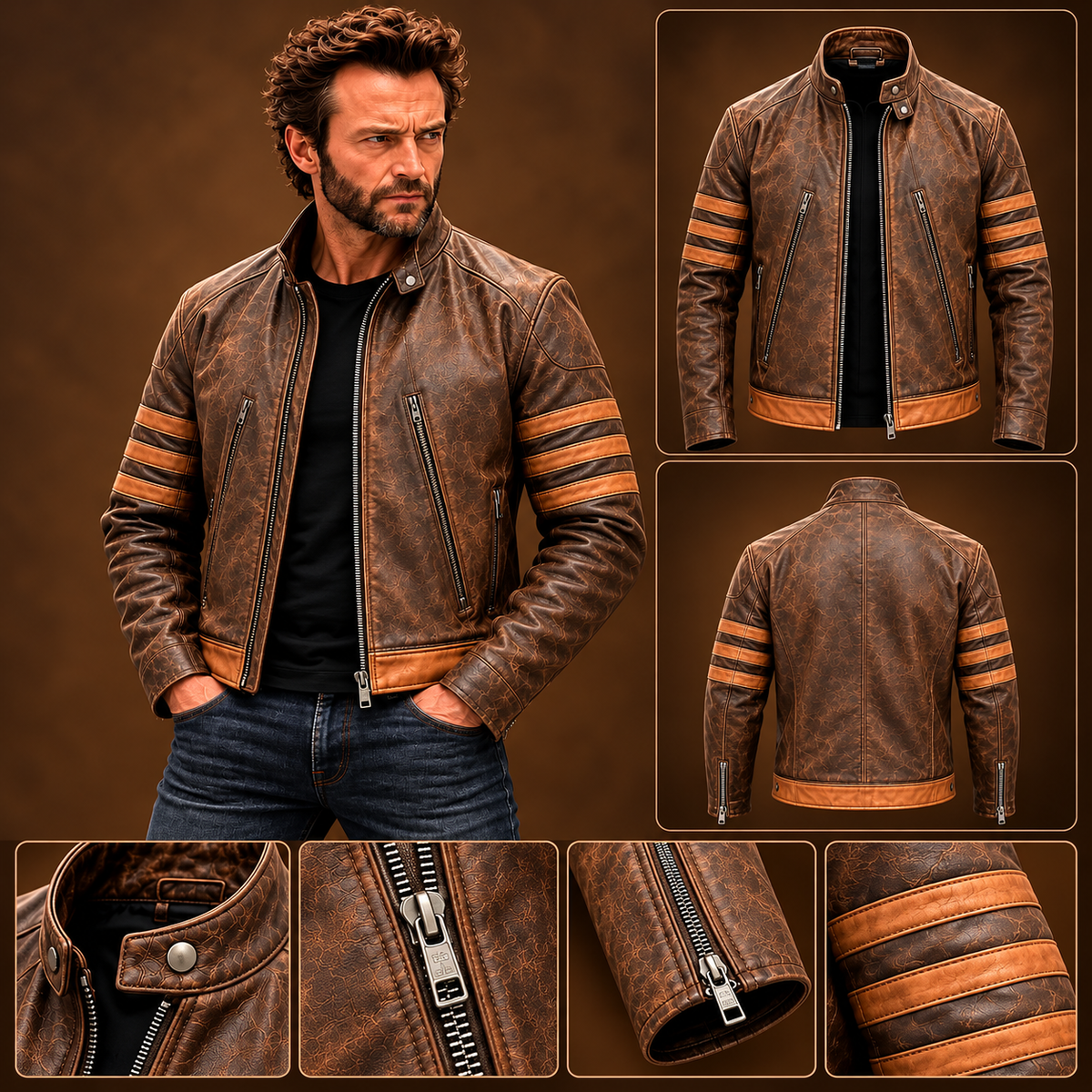 Men’s Vintage Brown Leather Motorcycle Jacket with Tan Stripe Accents