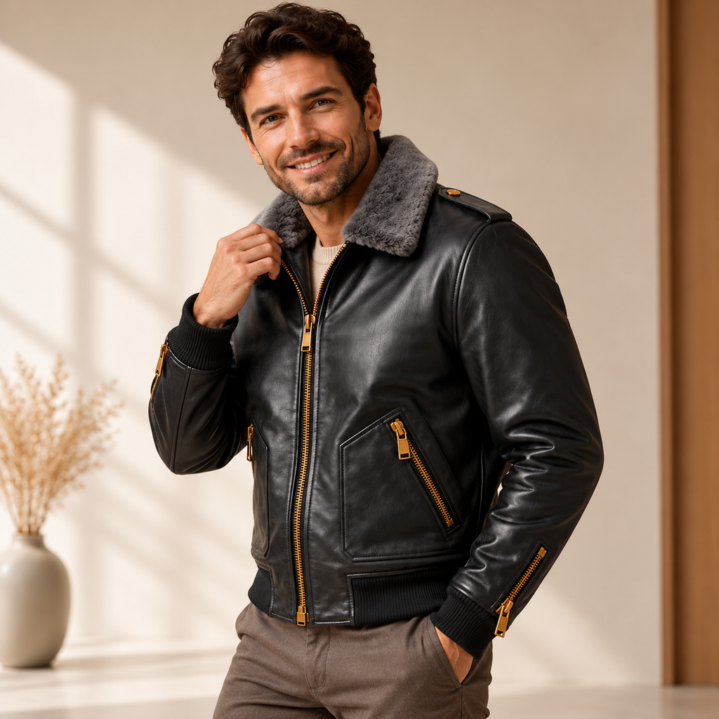 Men's Black Leather Bomber Jacket with Gray Plush Collar – Hollywood Jackets