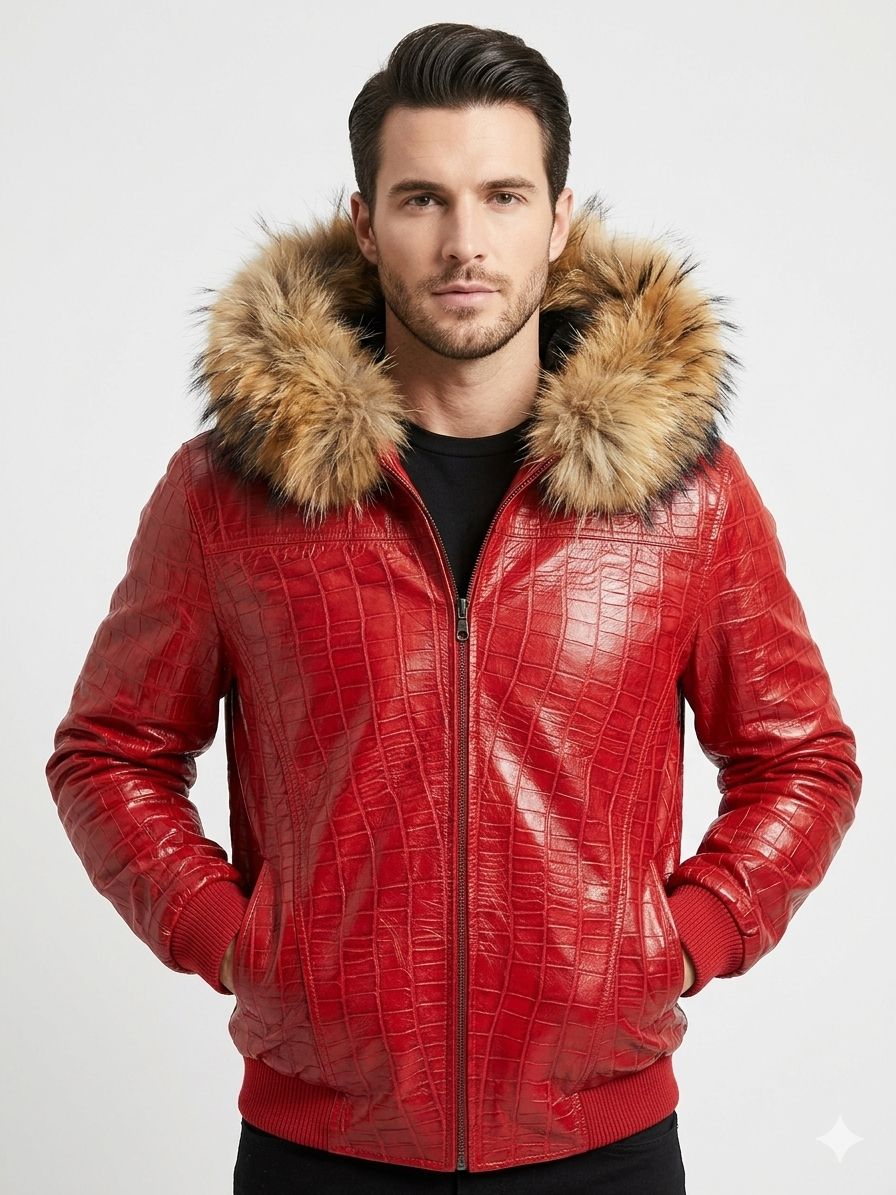 Men’s Red Crocodile Embossed Leather Bomber Jacket with Fur Hood