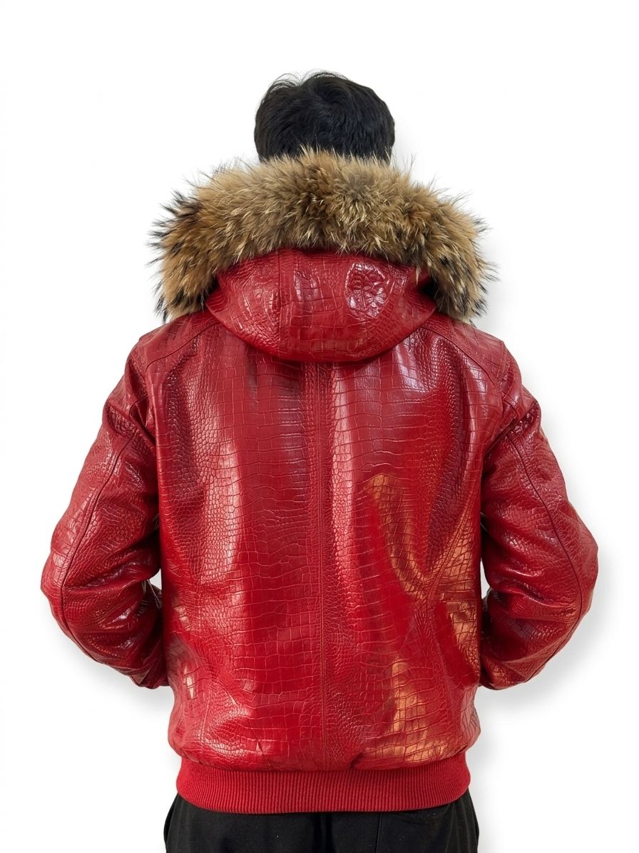 Men’s Red Crocodile Embossed Leather Bomber Jacket with Fur Hood