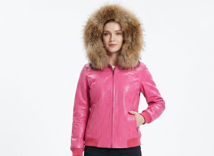 Women’s Pink Crocodile Hooded Fur Collar Faux Leather Bomber Jacket – Halloween Edition