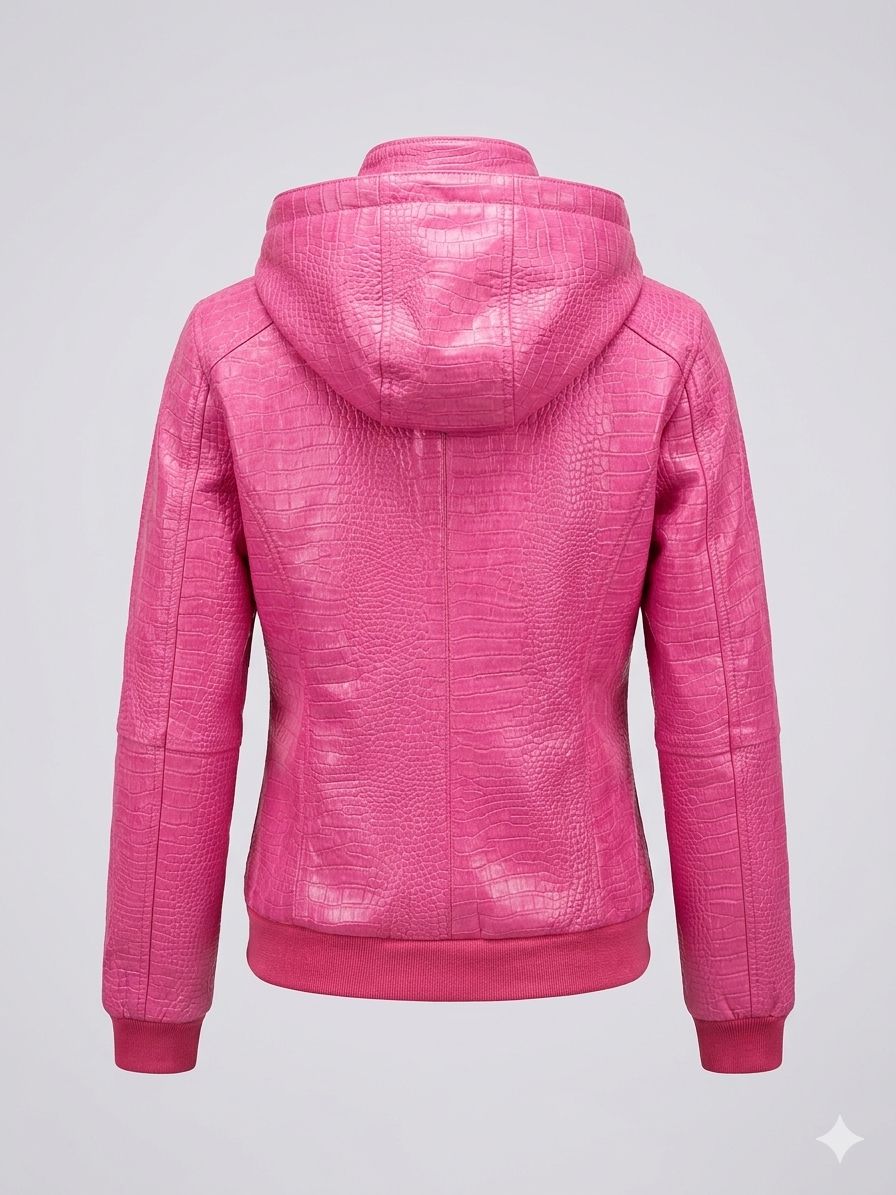 Women’s Pink Crocodile Hooded Fur Collar Faux Leather Bomber Jacket – Halloween Edition