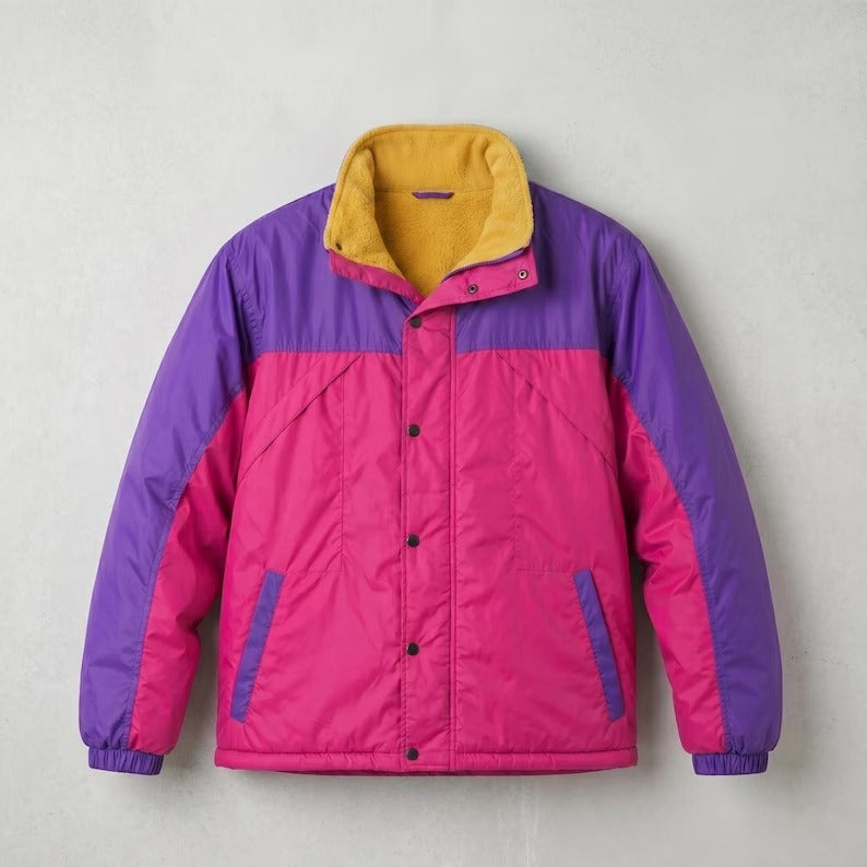 Men's Retro Color Block Puffer Jacket – Purple & Pink Vintage Winter Coat