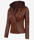 Hollywood Jacket Women’s Cognac Brown Leather Biker Jacket with Hood