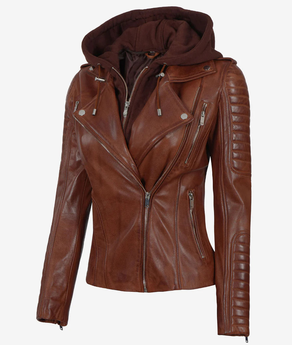 Women Leather Brown Jacket With Hood Cognac