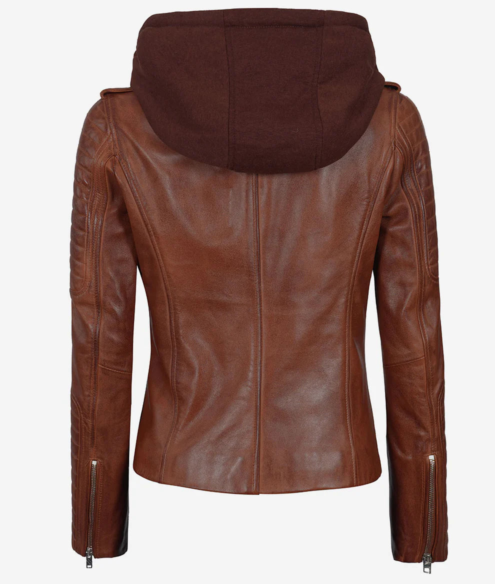 Women Leather Brown Jacket With Hood Cognac