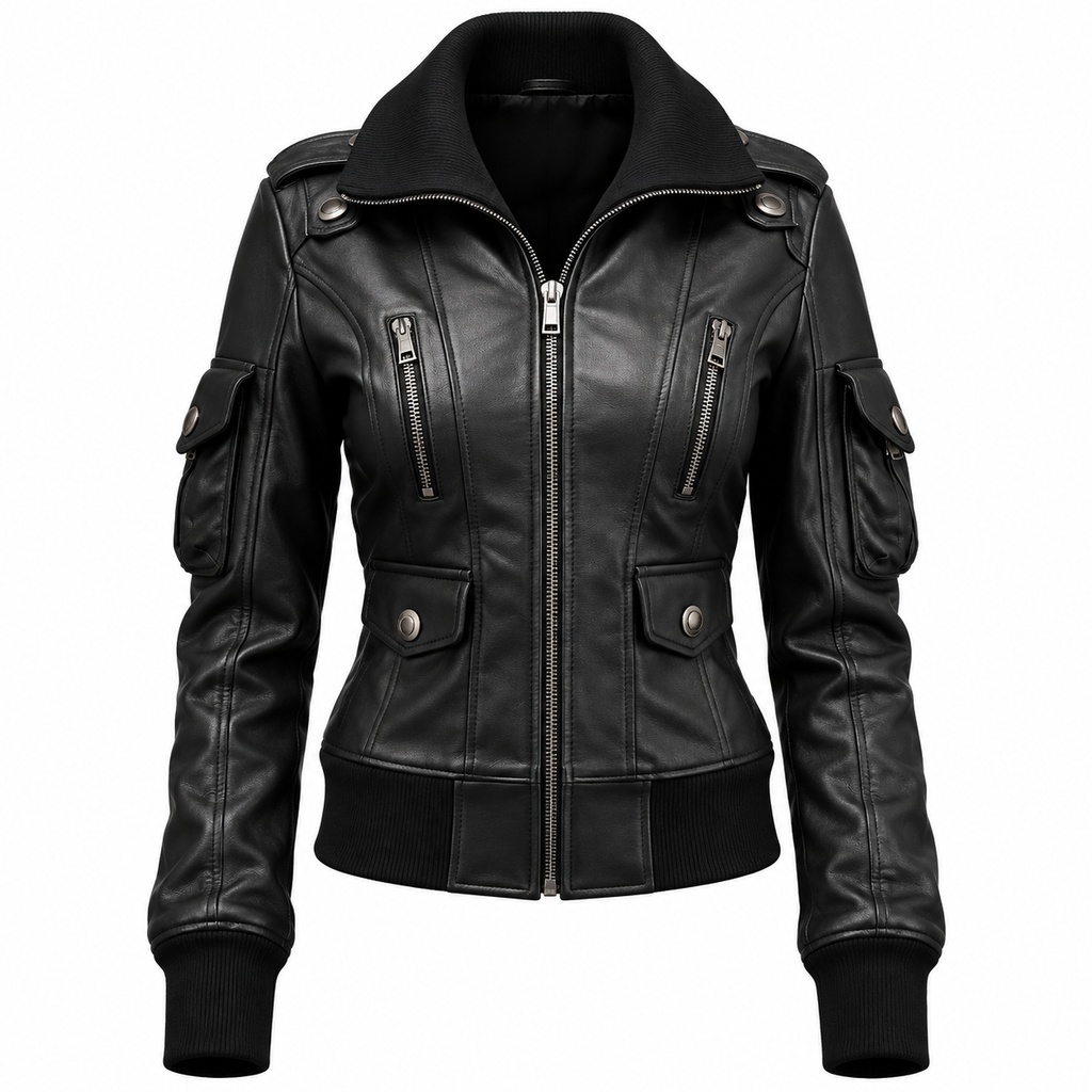 Women’s Black Leather Bomber Jacket