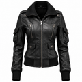 Women’s Black Leather Bomber Jacket