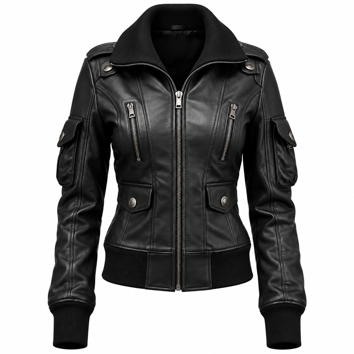 Women’s Black Leather Bomber Jacket