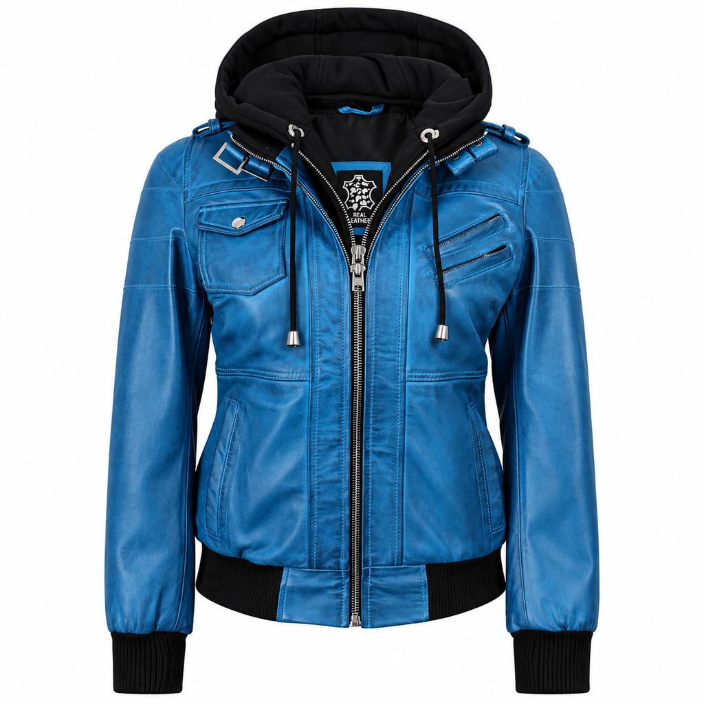 Women’s Blue Waxed Leather Bomber Jacket with Removable Hood