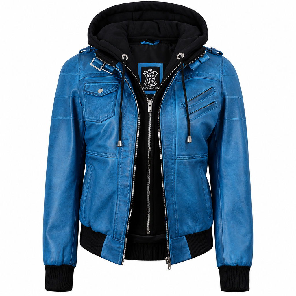 Women’s Blue Waxed Leather Bomber Jacket with Removable Hood
