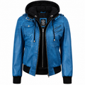 Women’s Blue Waxed Leather Bomber Jacket with Removable Hood