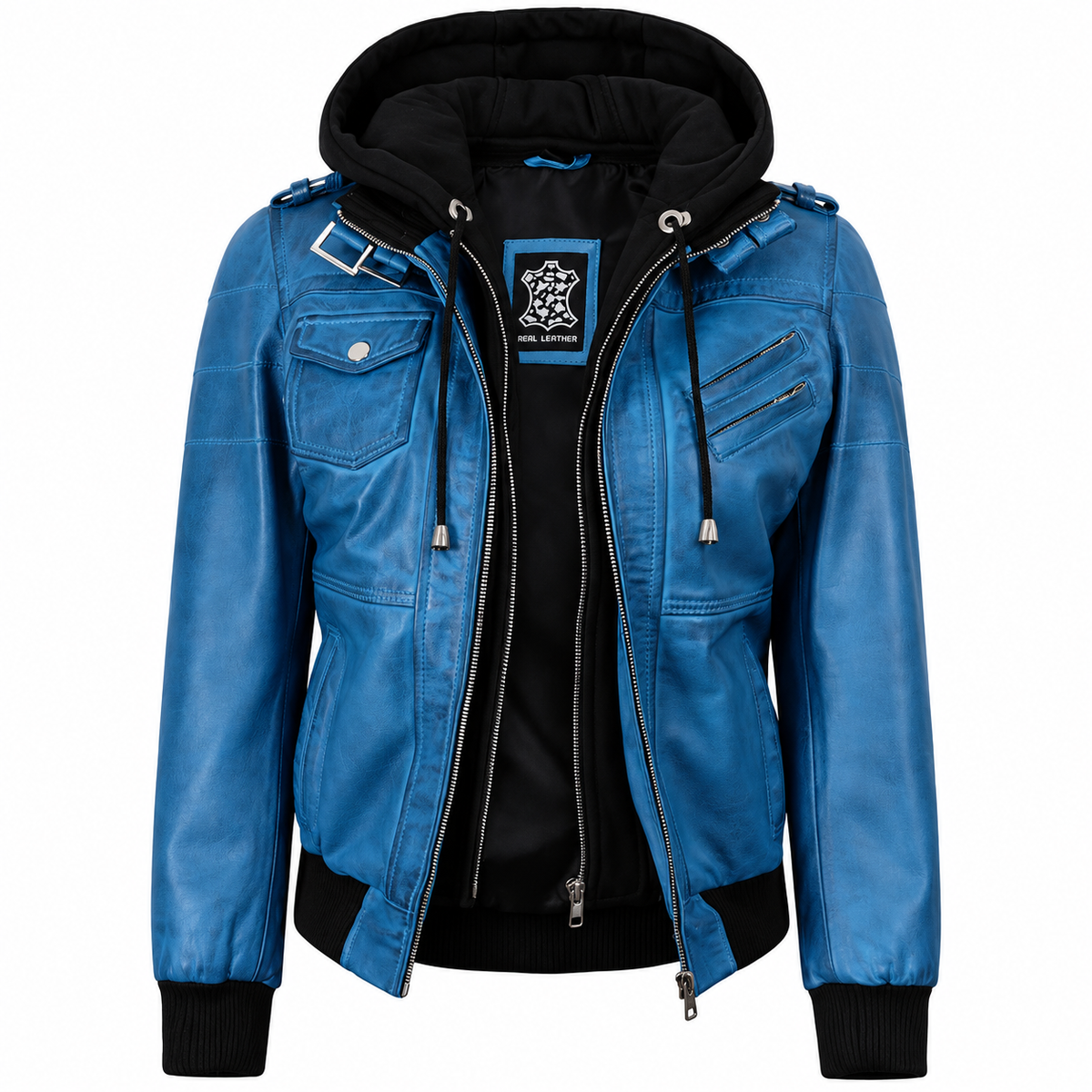 Women’s Blue Waxed Leather Bomber Jacket with Removable Hood