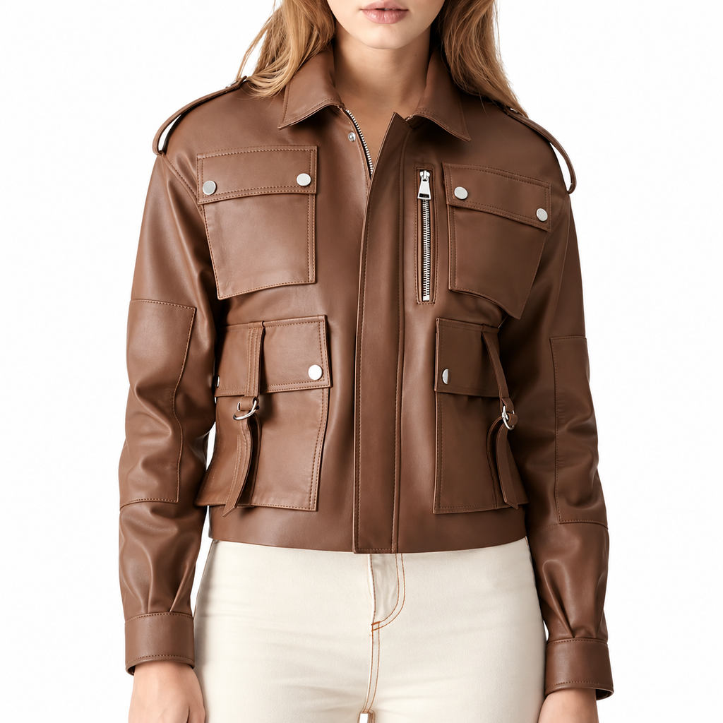 Women’s Brown Leather Utility Bomber Jacket