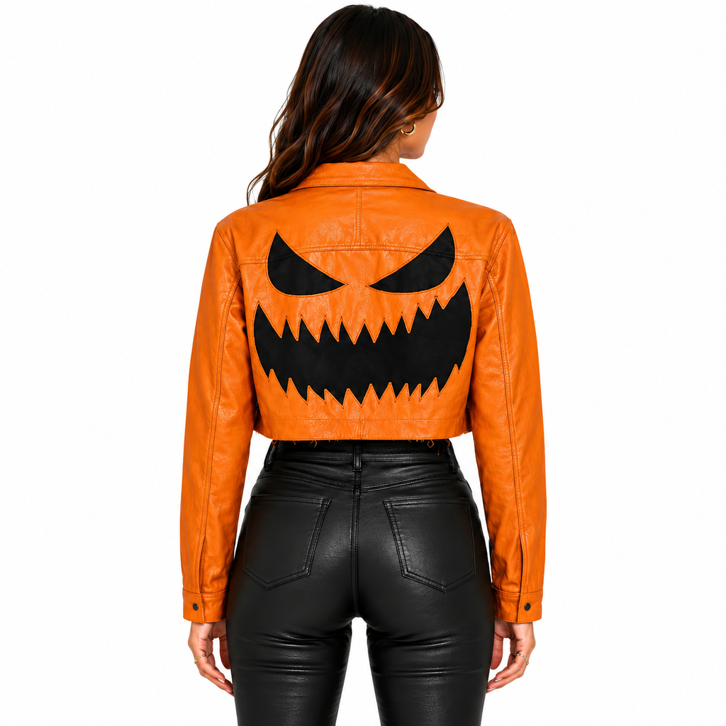 Hollywood Jackets Women’s Evil Pumpkin Halloween Cropped Leather Jacket