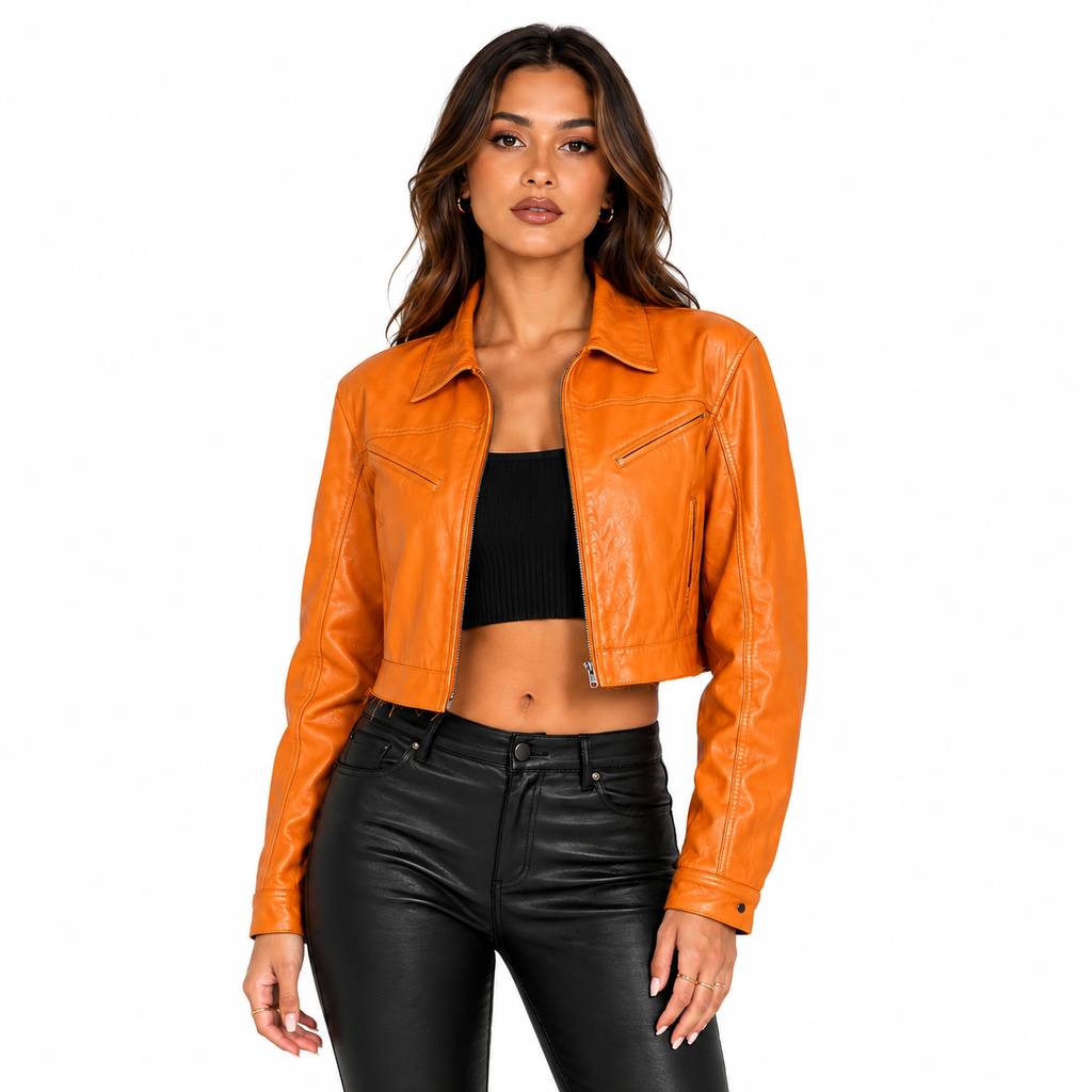 Hollywood Jackets Women’s Evil Pumpkin Halloween Cropped Leather Jacket