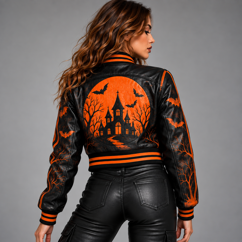 Hollywood Jackets Women’s Halloween Haunted Pumpkin Bomber Jacket