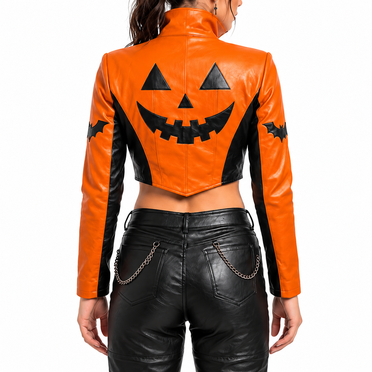 Hollywood Jackets Women’s Halloween Jack-O’-Lantern Cropped Leather Biker Jacket